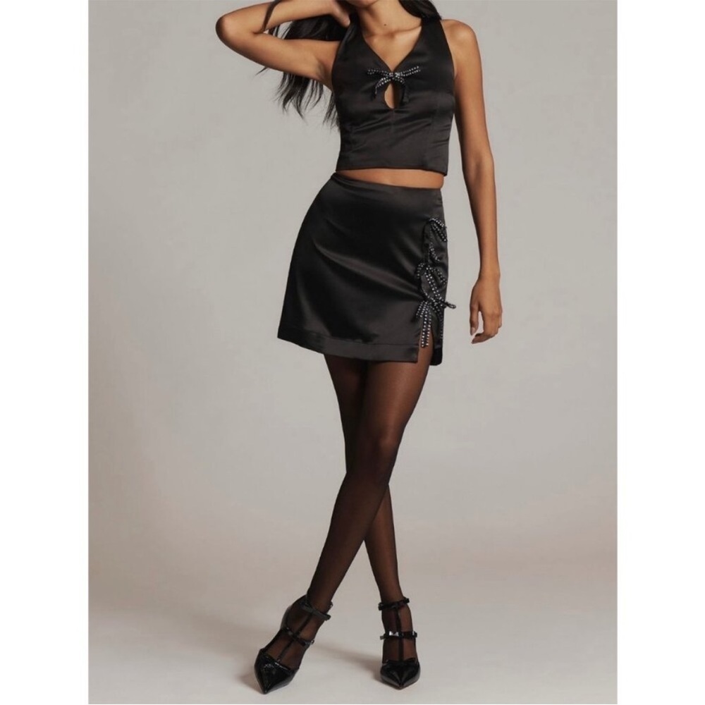 Anthropologie Maeve Crystal Bow Black Satin Mini Skirt Size Large